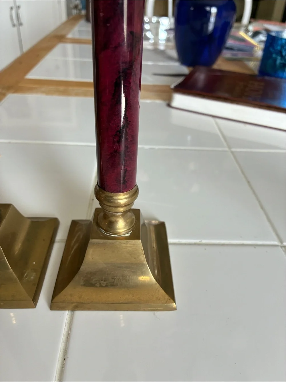 Brass and Burgundy Home Accents Candlestick Pair